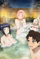 4girls accurate_art_style ai_generated anime_style bathhouse bathing bathing_together big_breasts blonde_hair blue_hair blunt_bangs blush breasts brown_hair completely_nude completely_nude_female curvaceous curvy curvy_body curvy_figure double_bun faithful_to_the_anime female female_focus female_only friends having_fun hot_spring hyuuga_hinata in_water ino_yamanaka kunoichi kuroai long_hair looking_at_another looking_at_partner looking_at_viewer medium_breasts multiple_girls naruto naruto_(series) naruto_shippuden ninja nipples nude nude_female onsen parted_bangs partially_submerged pink_hair ponytail relaxing sakura_haruno shoulder_length_hair shy sitting smile steam take_your_pick teen teenage_girl teenager tenten tied_hair water white_skin