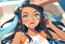 after_cumshot after_sex ai_assisted ai_generated blue_eyes blue_hair close-up cum cum_on_body cum_on_face hand_on_head head_grab nessa_(pokemon) shocked shocked_expression
