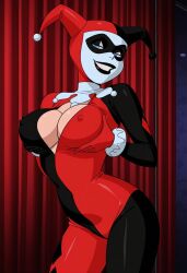 2d_(artwork) ai_generated batman:_the_animated_series batman_(series) bodysuit breast_press breast_squeeze breasts civitai cleavage cleavage_cutout dc dc_comics digital_drawing_(artwork) erect_nipples erect_nipples_under_clothes harley_quinn harley_quinn_(classic) kiwimike latex_bodysuit light-skinned_female light_skin makeup nipples nipples_visible_through_clothing pose posing presenting showing_off smile smiling smirk smirking white_makeup