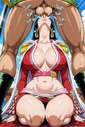ai_generated big_breasts blue_sky boa_hancock boots cum_in_mouth cum_overflow earrings eating_cum echoanomaly forced_oral fully_clothed green_shirt katana one_piece red_kimono roronoa_zoro ship sitting standing throat_fuck