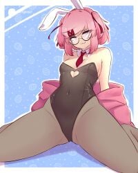 1girls accessory artist_name bangs bare_shoulders black_clothing border breasts bunny_ears_headband bunnysuit cleavage clothed clothing detached_collar doki_doki_literature_club eyewear fake_animal_ears fake_rabbit_ears female glasses hair_accessory hair_ornament hair_ribbon hair_ribbons hairclip headband heart-shaped_cutout heart_cutout light-skinned_female light_skin looking_at_viewer matching_hair/eyes megane natsuki_(doki_doki_literature_club) navel pink_eyes pink_hair raionart semi-rimless_eyewear semi-rimless_glasses short_hair short_twintails small_breasts smile smiling_at_viewer solo solo_female spread_legs swept_bangs thick_thighs thighs tied_hair twintails white_border
