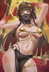 1girls ai_generated armlet armpits arms_up bangle bangs bikini black_bikini blunt_bangs bracelet breasts brown_hair cowboy_shot curtains elf eyebrows_visible_through_hair facial_tattoo female flarekiss gold hair_ornament heart_tattoo honkai:_star_rail honkai_(series) hoyoverse jewelry large_breasts lingsha_(honkai:_star_rail) loincloth long_hair looking_at_viewer mihoyo navel open_mouth orange_eyes pelvic_curtain pointy_ears solo solo_female standing stomach sweat swimsuit tattoo thighs very_long_hair