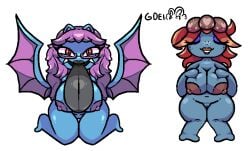 anthro big_breasts big_tongue blue_body breasts brown_nipples closed_eyes duo elemental_creature eyeshadow eyewear female flora_fauna gdei generation_1_pokemon genitals glasses gloom_(pokemon) golbat hair makeup nintendo nipples open_mouth plant pokemon pokemon_(species) purple_hair purple_nipples red_eyes red_hair thick_thighs tongue tongue_out wings