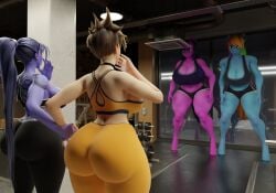 3d blue_body blue_skin brown_hair gym gym_clothes huge_ass huge_breasts indoors my_little_pony overwatch overwatch_2 purple_body purple_hair purple_skin rainbow_dash_(mlp) rainbow_hair round_ass round_butt scrag_tracer scrag_widowmaker shocked suprised tracer twilight_sparkle_(mlp) widowmaker