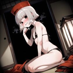 1girl ai_generated bikini black_bikini black_eyes bob_cut creepy fate/grand_order female from_side grey_hair hand_on_own_face hat indoors japanese_clothes japanese_room kimono looking_at_viewer no_pupils pale_skin pale_skinned_male parted_lips profile_view seductive_smile seiza sen_no_rikyu_(fate) sitting small_breasts small_female small_girl smaller_female solo