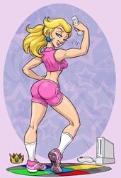 1girls ass blonde_hair clothes color crown female female_only flexing human looking_back mario_(series) nintendo princess_peach shorts solo standing tagme wii wiimote