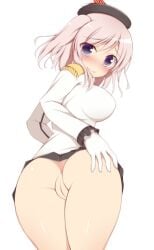 ass beret blue_eyes blush breasts epaulettes female from_behind gloves hat kashima_(kantai_collection) large_breasts looking_at_viewer looking_back military military_uniform miniskirt no_panties purple_eyes pussy silver_hair skirt smile solo striped_body twintails uncensored uniform white_background white_gloves