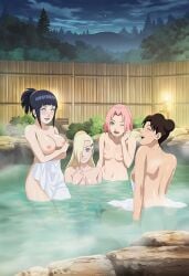 4girls accurate_art_style ai_generated anime_style bathhouse bathing bathing_together big_breasts blonde_hair blue_hair blunt_bangs blush breasts brown_hair completely_nude completely_nude_female curvaceous curvy curvy_body curvy_figure double_bun faithful_to_the_anime female female_focus female_only friends having_fun hot_spring hyuuga_hinata in_water ino_yamanaka kunoichi kuroai long_hair looking_at_another looking_at_partner looking_at_viewer medium_breasts multiple_girls naruto naruto_(series) naruto_shippuden ninja nipples nude nude_female onsen parted_bangs partially_submerged pink_hair ponytail relaxing sakura_haruno shoulder_length_hair shy sitting smile steam take_your_pick teen teenage_girl teenager tenten tied_hair water white_skin