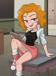 black_shirt blush centinel303 classroom female looking_at_viewer melissa_chase milo_murphy's_law mostly_clothed no_panties pussy solo solo_female upskirt
