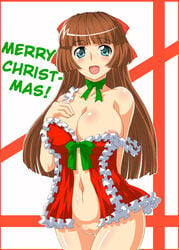 areola_slip bare_shoulders blue_eyes breasts brown_hair christmas curvy female female hair_ornament hair_ribbon hard_translated huge_breasts long_hair navel no_panties no_underwear open_clothes open_mouth original pussy ribbon santa_costume solo soubee1 standing translated