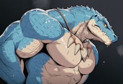 1boy abs ai_generated anthro bara big_muscles big_pecs blue_body daddy ddkk dilf fangs huge_muscles huge_pecs hunk lizard lizardman male male_focus male_only muscular muscular_anthro muscular_male navel pecs reptile scalie sfw solo topless topless_male tribal tribal_jewelry yaoi