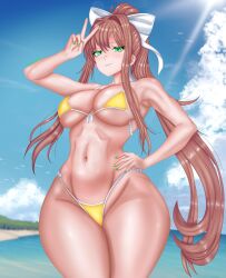 1girls accessory artist_name beach big_breasts bikini bikini_bottom bikini_top breasts brown_hair busty cleavage clothed clothing cloud day doki_doki_literature_club female green_eyes hair_accessory hair_intakes hair_ornament hairbow hand_on_hip large_breasts light-skinned_female light_skin long_hair looking_at_viewer monika_(doki_doki_literature_club) navel ocean outdoors ponytail pose sea sky solo solo_female standing string_bikini swimsuit synnkeh thick_thighs thighs tied_hair two-piece_swimsuit v v_sign very_long_hair wide_hips yellow_bikini yellow_bikini_bottom yellow_bikini_top yellow_clothing