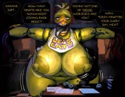 1girls big_breasts chica_(fnaf) dialogue five_nights_at_freddy's huge_breasts looking_at_viewer text thendyart thick_thighs voluptuous voluptuous_female withered_chica