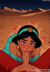 1boy ai_generated aladdin aladdin_(1992_disney_film) aladdin_(disney) bare_shoulders black_hair blue_shirt blush breasts brown_eyes clothing dark-skinned_female dark_skin desert disney disney_princess earrings english_language english_text erection fellatio female female hairband headwear heart interracial jasmine jasmine_(aladdin) jewelry jousneystudio large_breasts looking_at_viewer makeup male male_pov necklace night nose_blush off-shoulder_dress off-shoulder_shirt off_shoulder oral outdoors pants penis pov_crotch princess_jasmine saliva sex shirt sky solo_focus star_(sky) starry_sky straight text trembling
