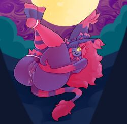 anthro ass blush bodily_fluids clothing digital_media_(artwork) female fingers generation_4_pokemon genital_fluids genitals ghost hair hat headgear headwear hi_res kiss_the_carrot legwear maggie_(lunaris_parukia) mismagius nintendo nude pokemon pokemon_(species) pussy shaded smile solo spirit stripes tail thick_thighs vaginal_fluids vulva witch_hat