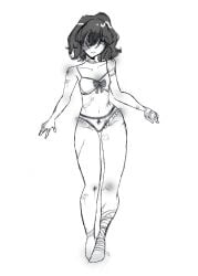 bandage_over_one_eye bandaged_arm bandaged_hand bandages bow bow_bra bow_panties bra burn_scar chocker closed_mouth collarbone female frilled_panties full_body greyscale hair_over_one_eye kianna_(seismic_emma) lingerie looking_at_viewer medium_hair monochrome navel panties scar_on_arm scar_on_leg scar_on_stomach scars seismic_emma short_hair simple_background sketch small_breasts solo underwear white_background