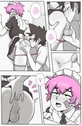 2boys ass_kiss dross femboy fingering gay jacob_(dross) licking maid maid_outfit maid_uniform monochrome passionate pink_hair saliva saliva_trail tagme taylor_(dross) testicle_grab text text_bubble thong thong_aside yaoi