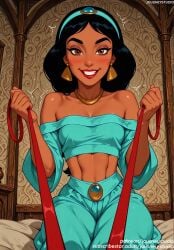 abs ai_generated aladdin aladdin_(1992_disney_film) aladdin_(disney) arabian_clothes bangs bare_shoulders black_hair blue_pants blue_shirt blush breasts brown_eyes clavicle cleavage clothing crop_top dark-skinned_female dark_skin disney disney_princess earrings english_text eyelashes female female female_only grin hairband headwear holding holding_leash indoors jasmine jasmine_(aladdin) jewelry jousneystudio kneeling leash lips lipstick long_hair looking_at_viewer makeup medium_breasts midriff navel necklace off-shoulder_shirt off_shoulder on_bed pants parted_lips pov_hands princess_jasmine red_lips shirt sitting small_breasts smile solo stomach teeth thighs tiara toned
