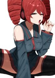 1girls 2d 2d_(artwork) absolute_territory big_breasts big_thighs breasts clothed clothed_female clothing detached_sleeves fellatio_gesture female female_only headgear horny horny_female kasane_teto kumiyabe large_breasts large_thighs nail_polish painted_nails red_eyes red_hair red_nails skirt solo solo_female squatting suggestive suggestive_look suggestive_pose thick_thighs thighhighs thighs tongue tongue_out twin_drills utau white_background