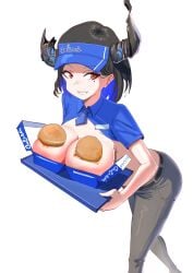 1girls angelchama ass big_breasts black_hair blue_hair breasts burger employee employee_uniform fast_food food food_play hat hololive hololive_english horn nerissa_ravencroft pants red_eyes shirt_lift shirt_up smile solo tray uniform virtual_youtuber visor_cap