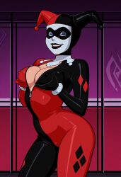 2d_(artwork) ai_generated batman:_the_animated_series batman_(series) bodysuit breast_press breast_squeeze breasts civitai cleavage cleavage_cutout dc dc_comics digital_drawing_(artwork) erect_nipples erect_nipples_under_clothe harley_quinn harley_quinn_(classic) kiwimike latex_bodysuit light-skinned_female light_skin makeup nipples nipples_visible_through_clothing pose posing presenting showing_off smile smiling smirk smirking white_makeup