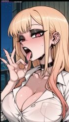 ai_generated bangs barbell_piercing black_choker blonde_hair blush breasts choker cleavage collarbone collared_shirt ear_piercing earrings eyelashes eyeshadow fellatio_gesture female fingernails goth goth_girl gradient_hair industrial_piercing jewelry kitagawa_marin large_breasts long_hair looking_at_viewer makeup multicolored_hair nail_polish open_mouth oral_invitation piercing pink_nails prostitute prostitute_clothes prostitution red_eyes ring saliva saliva_trail see-through sexually_suggestive shirt sofaxd3x solo sono_bisque_doll_wa_koi_wo_suru sweat teenage_girl teenager teeth tongue tongue_out tongue_piercing upper_body upper_teeth white_shirt
