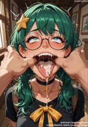 1boy after_fellatio ahe_gao ai_generated bangs black_choker black_shirt blue_eyes blush bodily_fluids bow breasts choker clavicle clothing collarbone crying cum cum_in_mouth cum_on_tongue drooling earrings english_text eyebrows eyewear facial fellatio female female finger_in_another's_mouth freckles glasses green_hair hair_ornament heart heart-shaped_pupils indoors ivy_(pokerogue) jewelry jousneystudio light-skinned_female long_hair looking_at_viewer male mouth_pull neck_ribbon nude open_mouth oral original penis pokemon pokemon_fangame pokerogue pov_hands ribbon rolling_eyes round_eyewear saliva saliva_trail semen sex shirt short_sleeves solo_focus star_(symbol) star_hair_ornament straight sweat symbol-shaped_pupils tearing_up tears teeth tongue tongue_out trembling twintails upper_body upper_teeth upper_teeth_only uvula yellow_ribbon