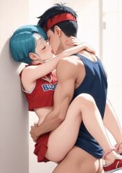affectionate affectionate_cord ai ai_generated anime anime_style black_hair black_tank_top blue_hair blue_tank_top bulma_(dragon_ball) couple couple_(romantic) cute cute_face detailed_shading digital_art female female gym_clothes indoor indoors intimate intimate_embrace intimate_pose kiss_mark kissing kissing_while_penetrated muscular muscular_male passionate passionate_sex red_headband red_skirt romantic romantic_couple short_hair soft_lighting window windows