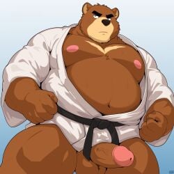 1boy anthro balls bara bare_pectorals bear belly brown_fur english_commentary erection fat furry furry_male highres juuichi_mikazuki looking_to_the_side male male_focus morenatsu navel nipples open_mouth pectorals penis phan_(phan0619) plump testicles