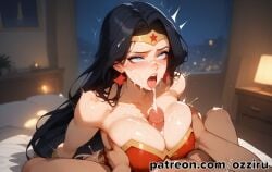 1boy 1boy1girl absurd_res ai_generated bed bedroom black_hair dc dc_comics dcau female female_focus female_penetrated hi_res highres indoors justice_league long_hair male male/female male_penetrating male_penetrating_female ozziru paizuri patreon revealing_clothes self_upload straight superhero superheroine tiara titjob uncensored wonder_woman wonder_woman_(series)