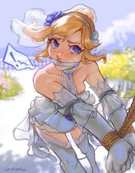 1girls 2025 artist_name blonde_hair blue_eyes blush bondage bound bound_wrists breasts breasts_out bride chiffonfae cloth_gag female female_only femsub gag gagged highres league_of_legends light-skinned_female light_skin luxanna_crownguard nipples rope rope_bondage small_breasts solo tears watermark wedding_dress