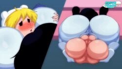 1boy 1girls adventure_time animated balls black_hair blonde_hair breasts cum cum_in_pussy cum_inside erect_nipples female female_on_femboy female_on_top femboy finn_the_human gif grey_skin head_between_breasts hyperlactation_(artist) leaking_cum male marceline marceline_the_vampire_queen nipples penis pussy straight_femboy vampire vampire_girl