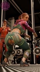 2girls 3d anus dbd dead_by_daylight female meg_thomas mikaela_reid pointing pussy ripped_clothing squatting surprised surprised_expression yui_main_dbd