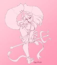 2024 2_horns 2_tails anthro areola beckoning biped breasts canid canine cheek_tuft claws demon eyebrows facial_tuft female fluffy fluffy_tail fox front_view genitals gesture hair hi_res holding_melee_weapon holding_object holding_polearm holding_trident holding_weapon horn lisa_(kitsunelegend) long_hair looking_at_viewer malachyte mammal medium_breasts melee_weapon monochrome mostly_nude multi_tail nipple_piercing nipples piercing polearm pupils ribbons simple_background slit_pupils solo tail toe_claws trident tuft vulva weapon