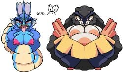 anthro ass big_breasts big_butt blush breasts digital_media_(artwork) duo female gdei generation_1_pokemon generation_3_pokemon gyarados hair hariyama humanoid nintendo nipples nude orange_nipples overweight overweight_female pokemon pokemon_(species) red_nipples thick_thighs tongue tongue_out
