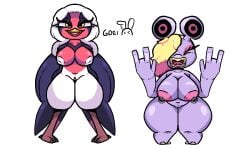 anthro beak closed_eyes duo eyeshadow female freckles gdei generation_3_pokemon genitals hair hair_over_eye loudred makeup multicolored_body multicolored_hair nintendo nipple_piercing nipples open_mouth piercing pokemon pokemon_(species) purple_body slightly_chubby swellow tongue tongue_piercing white_hair wings