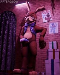 3d_(artwork) absurd_res afterglownsfw anthro bodily_fluids bottomless bottomless_anthro bottomless_male bow_tie box brick_wall buckteeth clothed clothing container digital_media_(artwork) five_nights_at_freddy's five_nights_at_freddy's:_help_wanted genital_fluids genitals gift_box glitchtrap hand_on_penis hi_res holding_penis lagomorph leporid looking_at_viewer male mammal open_clothing open_shirt open_topwear penis precum precum_on_penis purple_clothing purple_penis purple_shirt purple_topwear rabbit scottgames shirt smile smiling_at_viewer solo standing star_print stitch_(sewing) teeth topwear unusual_anatomy unusual_genitalia unusual_penis wall_(structure) watermark whiskers