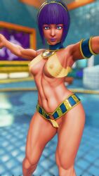 3d areolae athletic athletic_female bob_cut brown_body brown_skin busty egyptian egyptian_female female female_focus female_only hourglass_figure menat_(street_fighter) nipples nudity revealing_clothes see-through see-through_clothing sf_screenshot short_hair skimpy skimpy_clothes street_fighter street_fighter_v tagme wide_hips