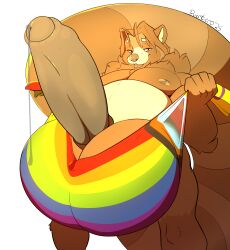 anthro balls belly big_balls big_belly big_penis canid canine genitals hi_res huge_balls huge_cock hyper hyper_balls hyper_genitalia hyper_penis lgbt_pride lgbt_pride_month male mammal penis pride_colors puertero raccoon_dog rainbow_flag rainbow_pride_flag rainbow_symbol simple_background solo tanner_tyrfred tanuki