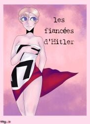 1femboy 1girls almost_naked almost_nude blonde_female blonde_hair blue_eyes curly_hair female female_focus female_only flag french_text hips hitler nazi nazi_flag nazi_imagery s0d0my_s1n short_hair solo solo_female solo_focus swastika thighs