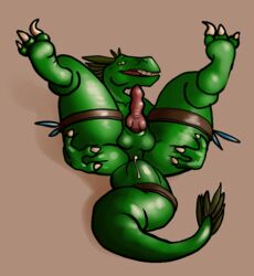 after_sex balls dinosaur feral hryssar leaking_anus legs_up lithulraptor male_only penis scalie spreading swollen_vent