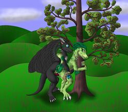 against_wall avian black_dragon cherry_tree color day dinosaur female feral feral_on_feral holding hryssar lithulraptor male outdoors penetration public raptor scalie straight vaginal_penetration wings zepher