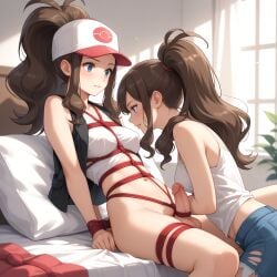 bedroom blue_eyes breasts breasts breasts brown_hair futa_on_futa futanari hilda_(pokemon) penis ponytail rope rope_between_breasts rope_bondage rope_on_penis tied_hands tied_penis tied_up
