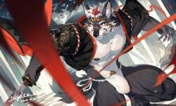 abs action_pose animal_humanoid anthro blood bodily_fluids bulge canid canine claws eyebrows forgetch fur hair hi_res humanoid katana looking_at_viewer male male_only mammal melee_weapon muscular muscular_anthro muscular_male nipples pecs pose pubes red_eyes solo sword tail weapon white_body white_fur