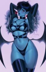 1girls black_lingerie black_panties black_thighhighs blue-skinned_female blue_skin bootybear lingerie original original_character solo thighhighs wings