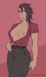 1girls black_hair black_pants breasts_out kalruna red_shirt solo spiky_hair the_dragon_prince