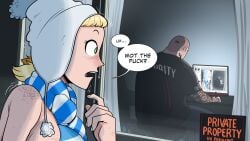 4th_wall_breaking argie_(hellonearthiii) blonde_hair dj_(hellonearthiii) english_text freckles freezing green_eyes hat hellonearthiii peeking_out recursion scarf speech_bubble winter_hat