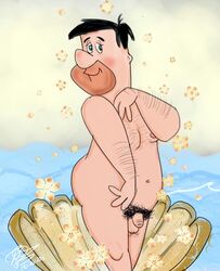 1boy 2013 black_hair e-ocasio facial_hair fine_art_parody flaccid_penis flowers fred_flintstone green_eyes hanna-barbera male male_only nipple_peek nude ocean parody penis public_domain retracted_foreskin seashell small_penis solo the_birth_of_venus the_flintstones