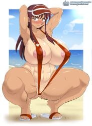 abs areola areolae beach blush breasts darm_engine embarrassed feet hat huge_breasts lifeguard original original_character sandals skimpy skimpy_bikini skimpy_outfit sling_bikini squatting squatting_position tan tanlines thick_thighs visor visor_cap