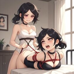 ai ai_generated anal anal_sex bondage breasts brown_hair cleavage female futa_on_female light_skin living_room necklace pink_eyes restrained rope rope_bondage table
